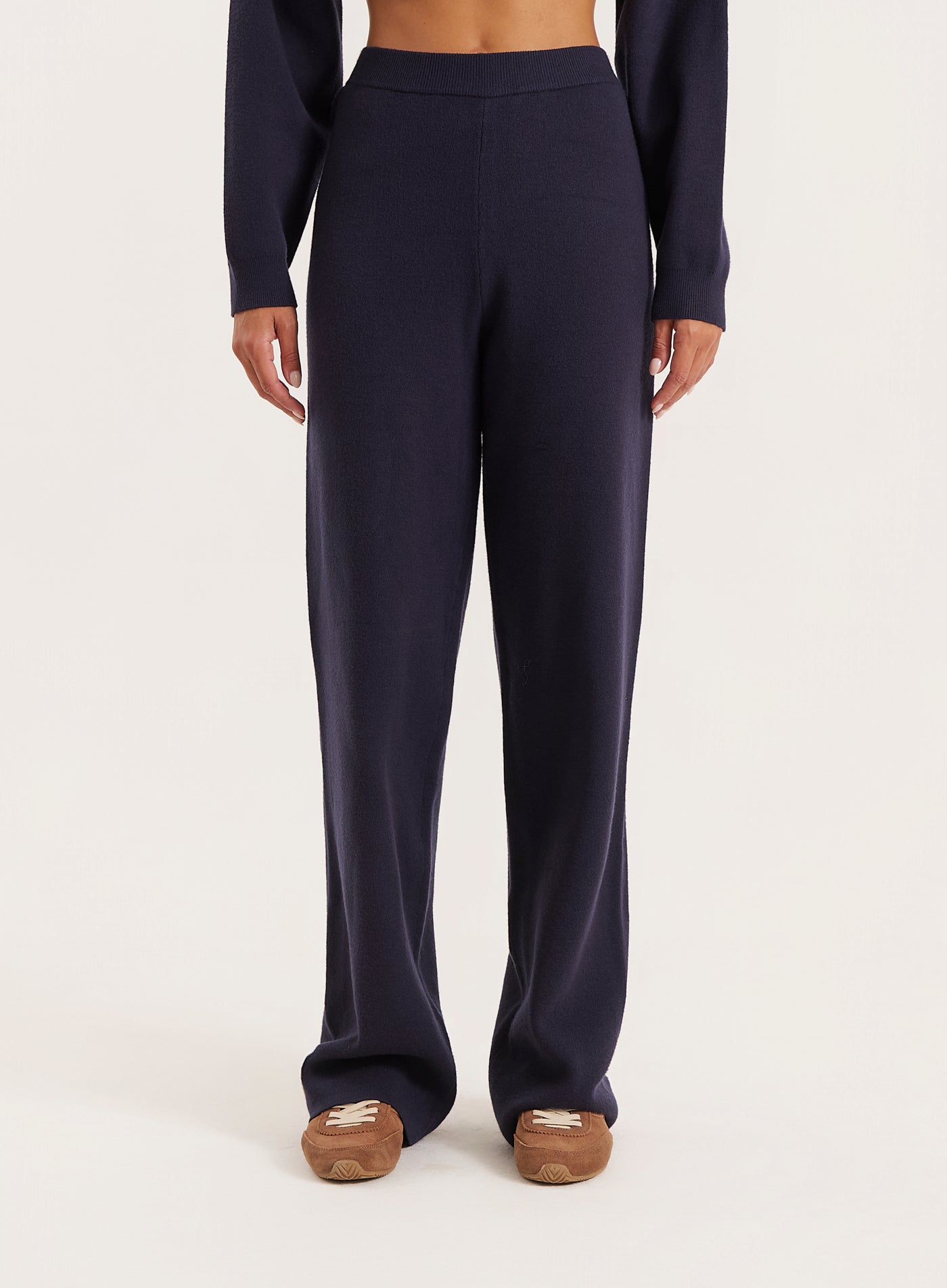 Navy Knitted Straight Leg Trousers